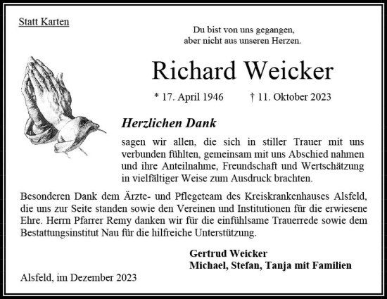 Traueranzeige von Richard Weicker von Oberhessen Kurier
