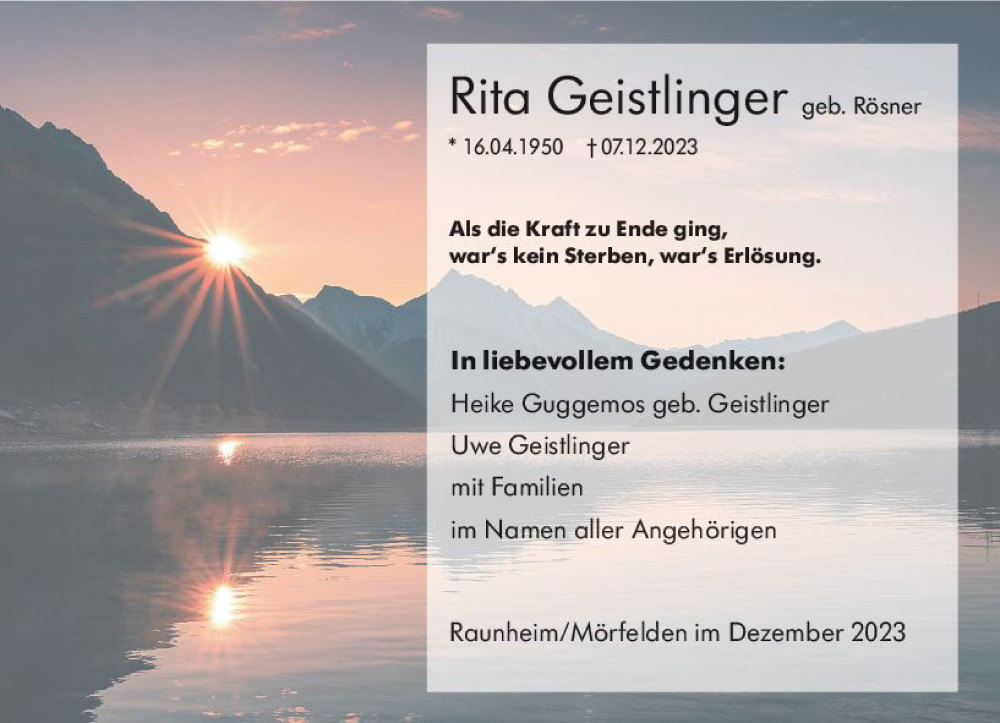  Traueranzeige für Rita Geistlinger vom 16.12.2023 aus Rüsselsheimer Echo