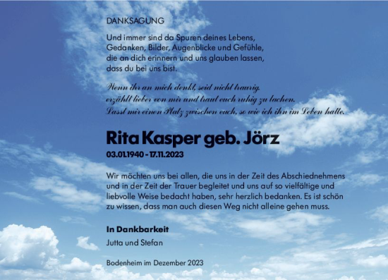 Traueranzeige von Rita Kasper von Allgemeine Zeitung Mainz