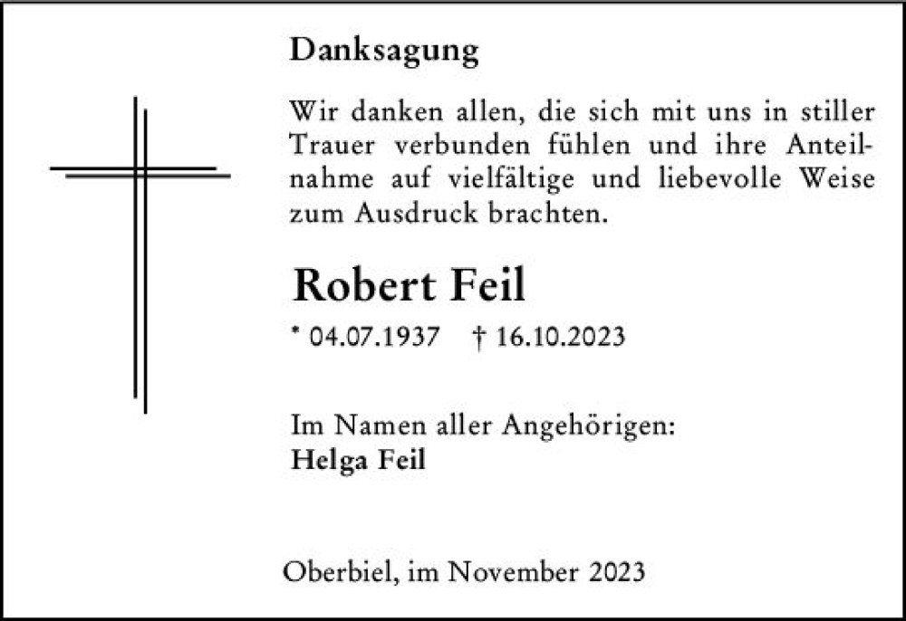  Traueranzeige für Robert Feil vom 07.11.2023 aus Wetzlarer Neue Zeitung