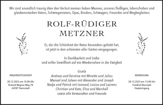 Traueranzeige von Rolf-Rüdiger Metzner von Darmstädter Echo
