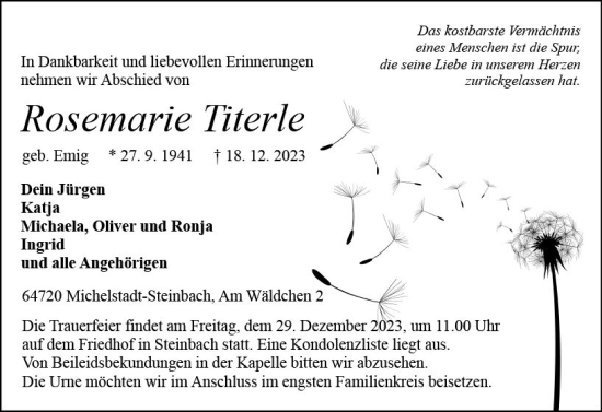 Traueranzeige von Rosemarie Titerle von Odenwälder Echo
