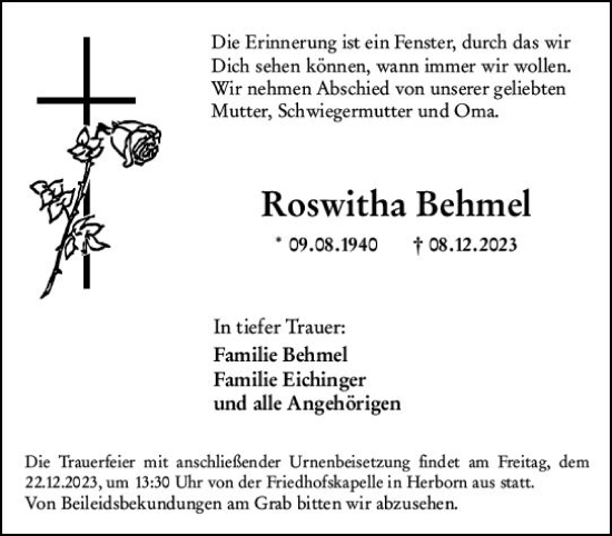 Traueranzeige von Roswitha Behmel von Dill Block