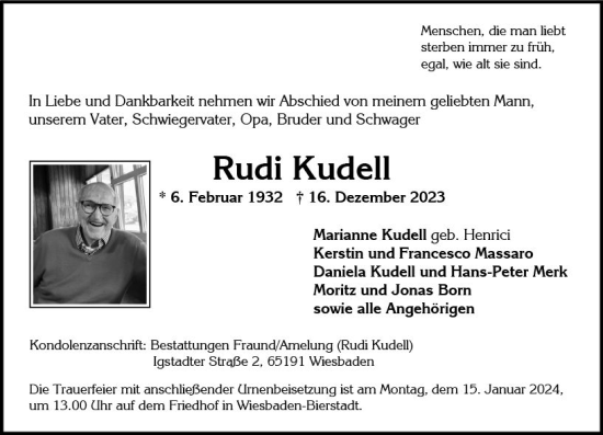 Traueranzeige von Rudi Kudell von Wiesbadener Kurier
