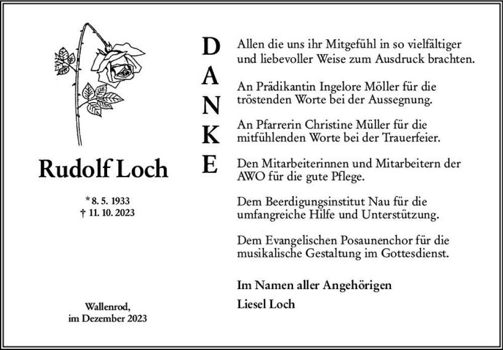  Traueranzeige für Rudolf Loch vom 29.12.2023 aus VRM Trauer