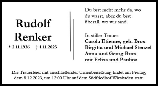 Traueranzeige von Rudolf Renker von Wiesbadener Kurier