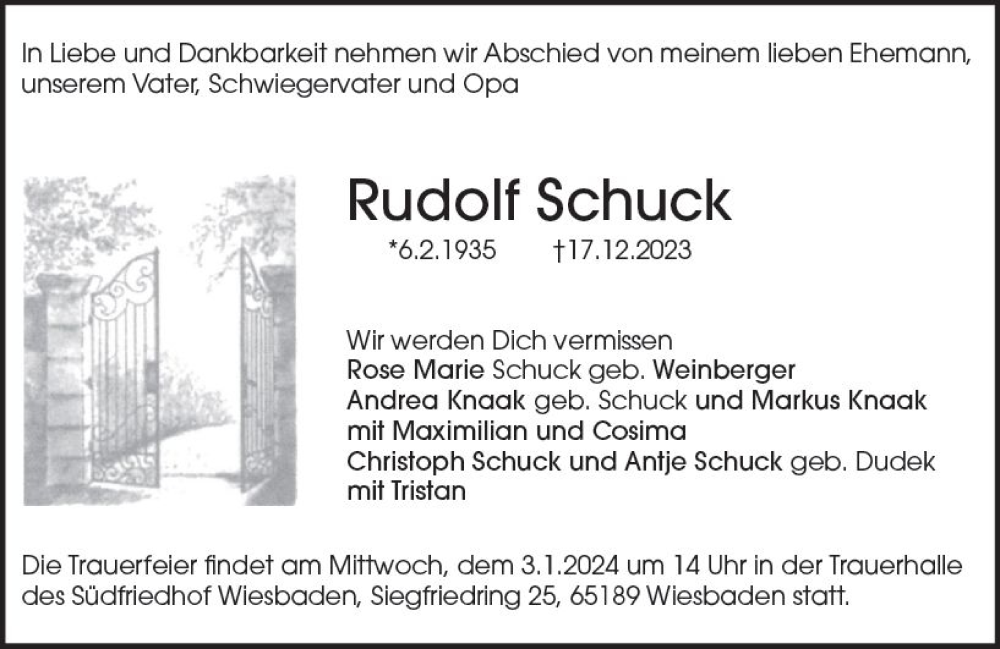  Traueranzeige für Rudolf Schuck vom 30.12.2023 aus Wiesbadener Kurier