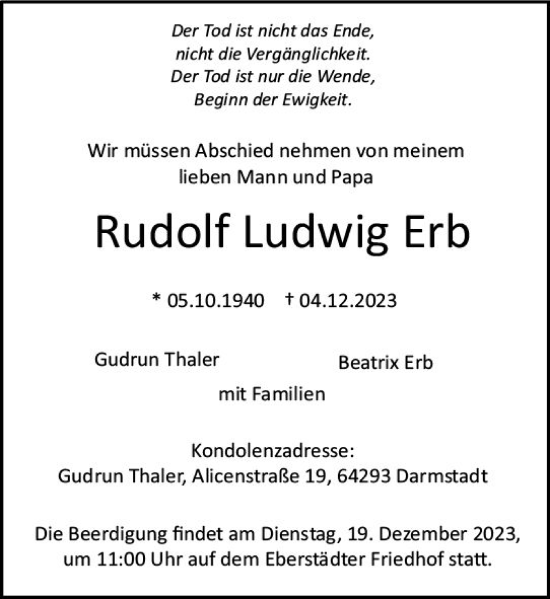 Traueranzeige von Rudolf Ludwig Erb von Darmstädter Echo