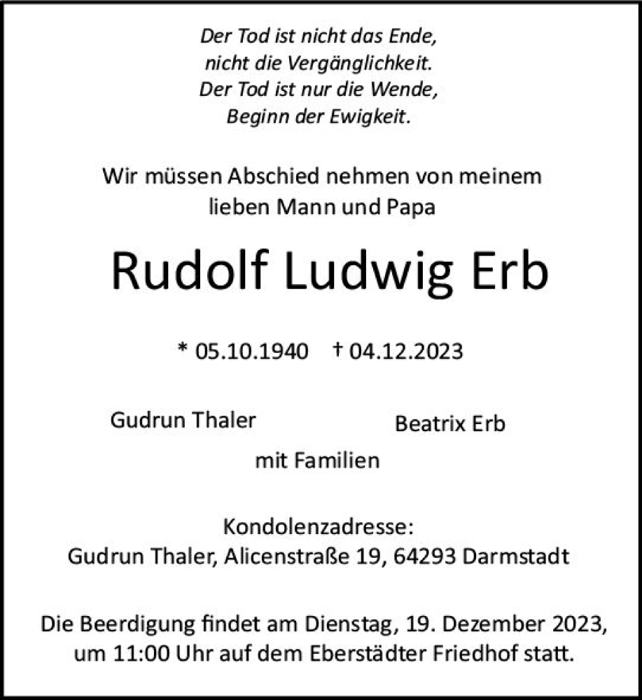  Traueranzeige für Rudolf Ludwig Erb vom 16.12.2023 aus Darmstädter Echo