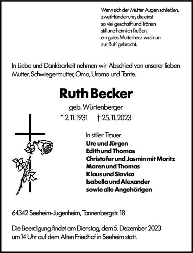  Traueranzeige für Ruth Becker vom 02.12.2023 aus Darmstädter Echo