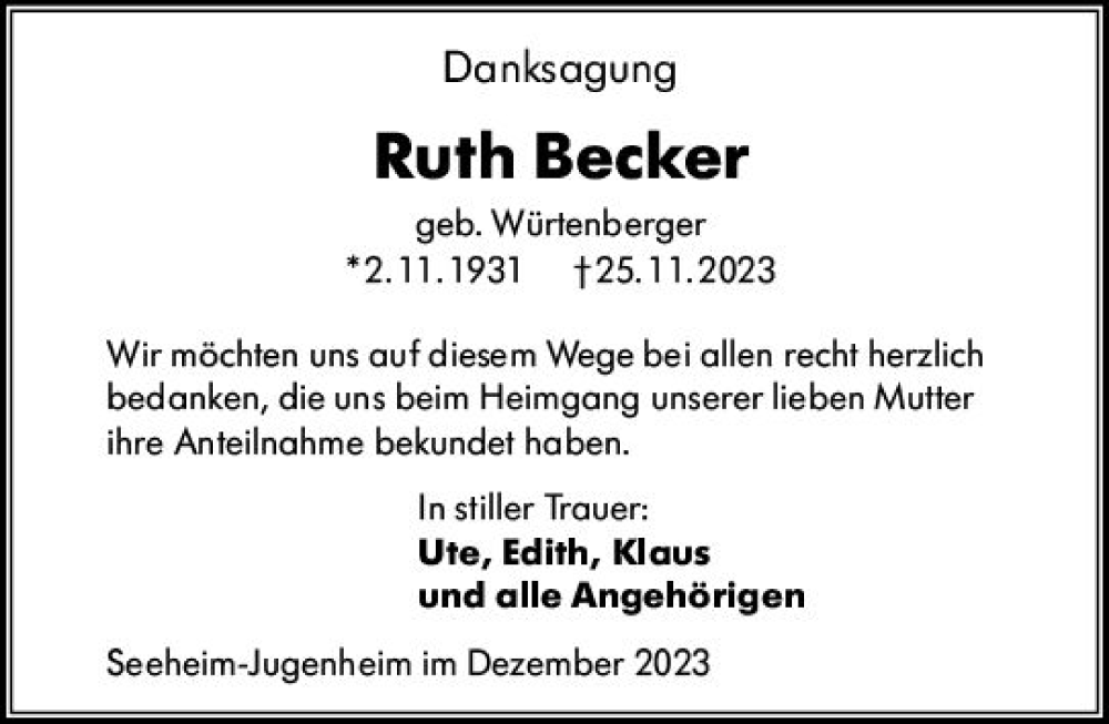 Traueranzeige für Ruth Becker vom 16.12.2023 aus Darmstädter Echo