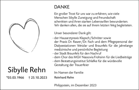 Traueranzeige von Sibylle Rehn von Wetzlarer Neue Zeitung
