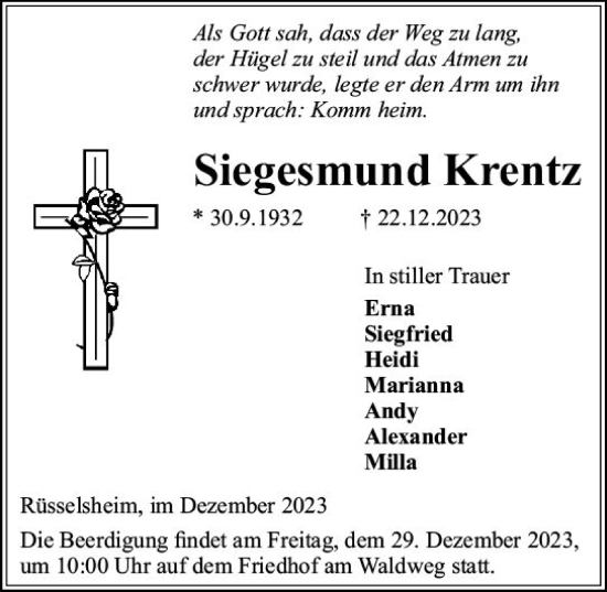 Traueranzeige von Siegesmund Krentz von Rüsselsheimer Echo