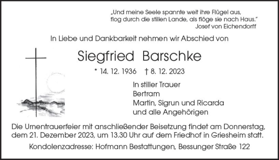 Traueranzeige von Siegfried Barschke von Darmstädter Echo