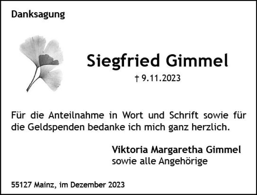  Traueranzeige für Siegfried Gimmel vom 23.12.2023 aus Allgemeine Zeitung Mainz