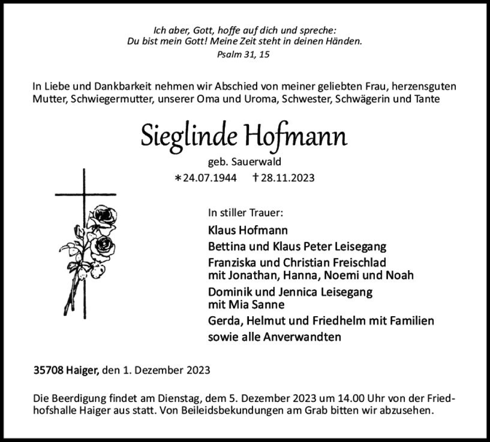  Traueranzeige für Sieglinde Hofmann vom 01.12.2023 aus Dill Block