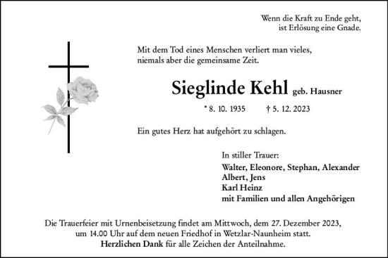 Traueranzeige von Sieglinde Kehl von Wetzlarer Neue Zeitung