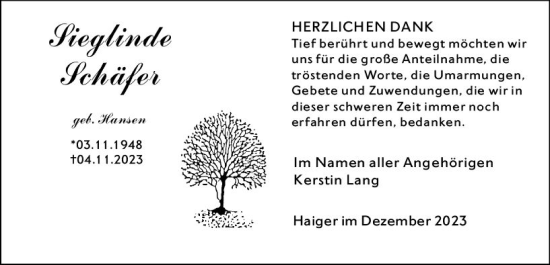 Traueranzeige von Sieglinde Schäfer von Dill Block