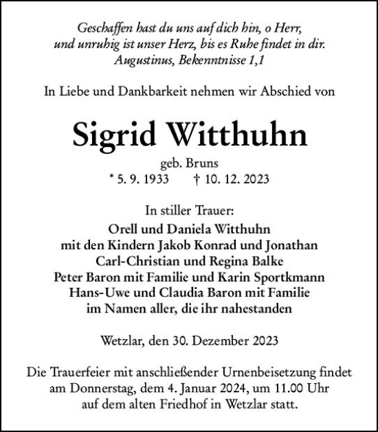 Traueranzeige von Sigrid Witthuhn von Wetzlarer Neue Zeitung