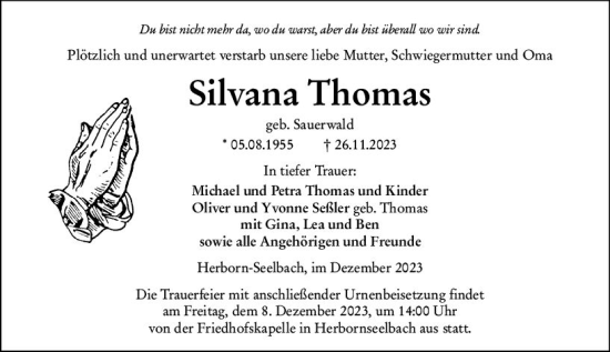 Traueranzeige von Silvana Thomas von Dill Block