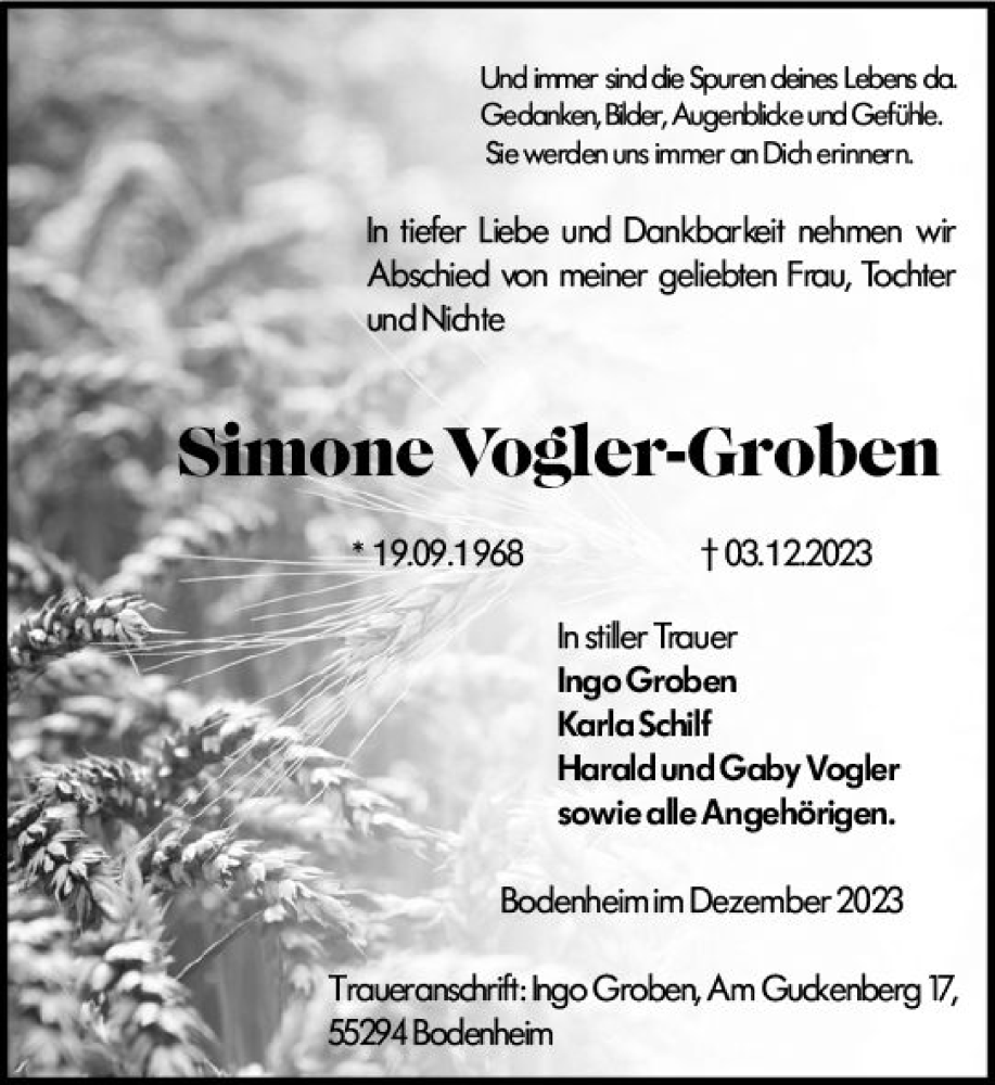  Traueranzeige für Simone Vogler-Groben vom 16.12.2023 aus Allgemeine Zeitung Mainz