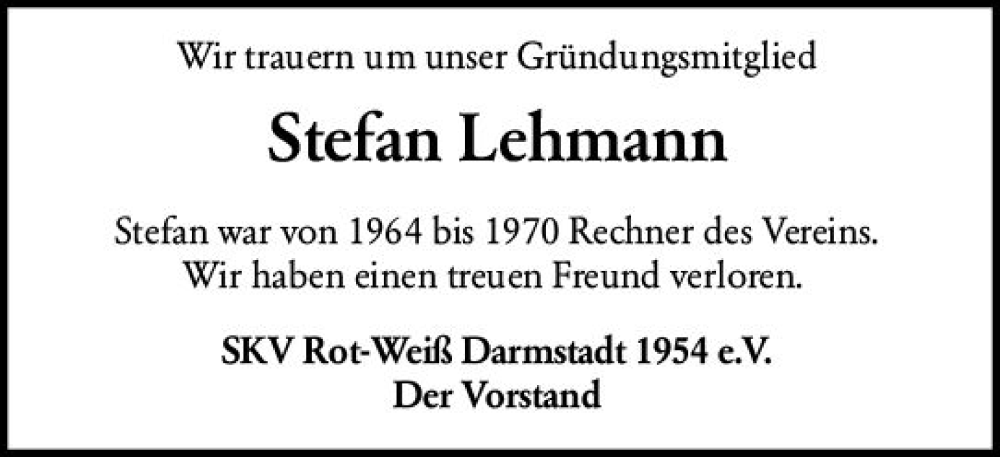  Traueranzeige für Stefan Lehmann vom 23.12.2023 aus Darmstädter Echo