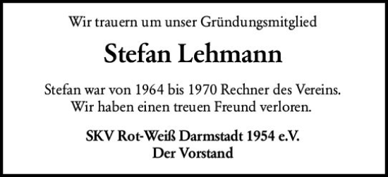Traueranzeige von Stefan Lehmann von Darmstädter Echo