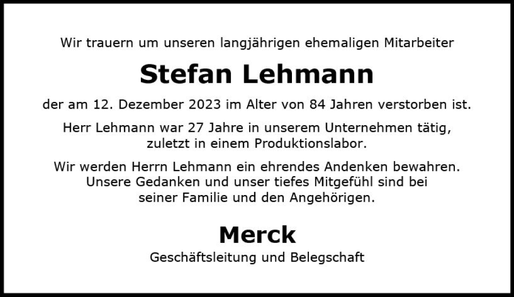  Traueranzeige für Stefan Lehmann vom 22.12.2023 aus Darmstädter Echo