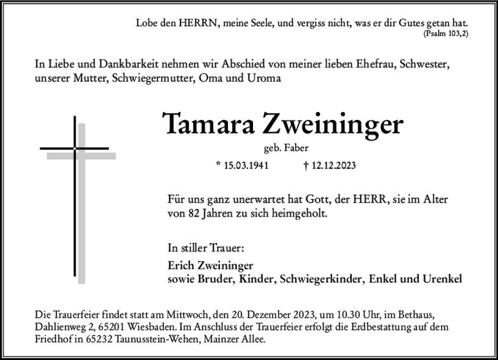  Traueranzeige für Tamara Zweininger vom 16.12.2023 aus Wiesbadener Kurier