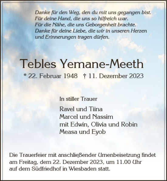 Traueranzeige von Tebles Yemane-Meeth von Wiesbadener Kurier