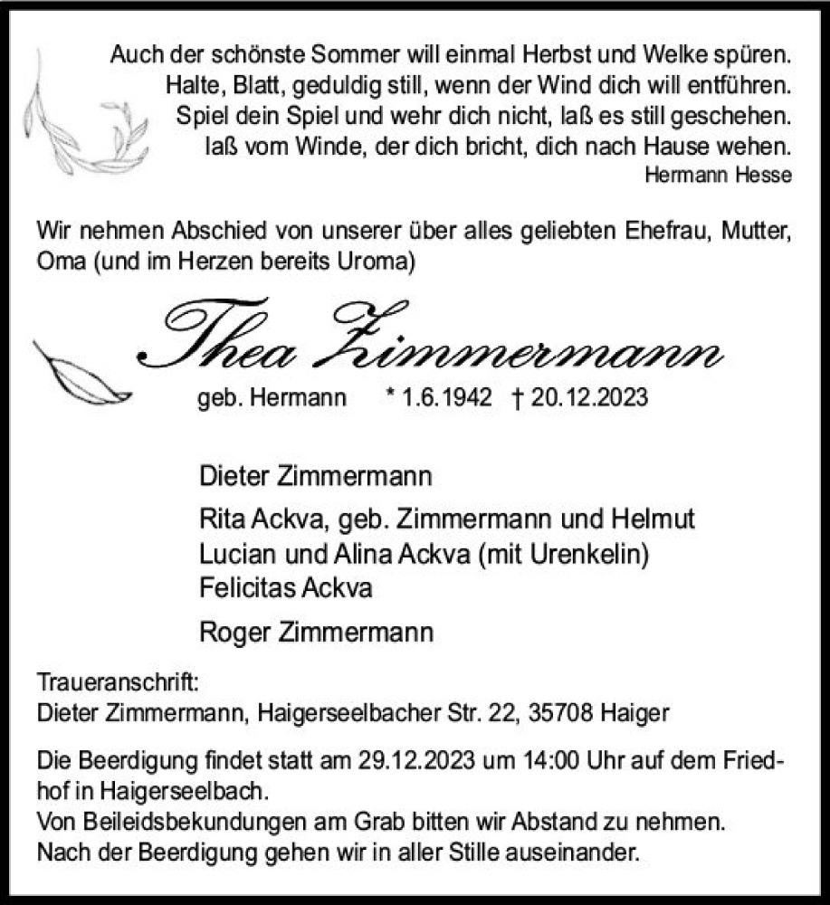  Traueranzeige für Thea Zimmermann vom 27.12.2023 aus Dill Block