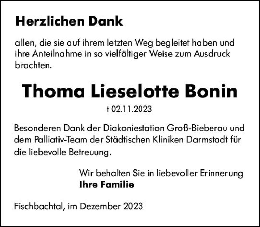  Traueranzeige für Thoma Lieselotte Bonin vom 30.12.2023 aus Darmstädter Echo