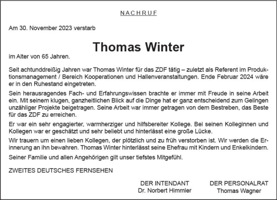 Traueranzeige von Thomas Winter von Allgemeine Zeitung Mainz