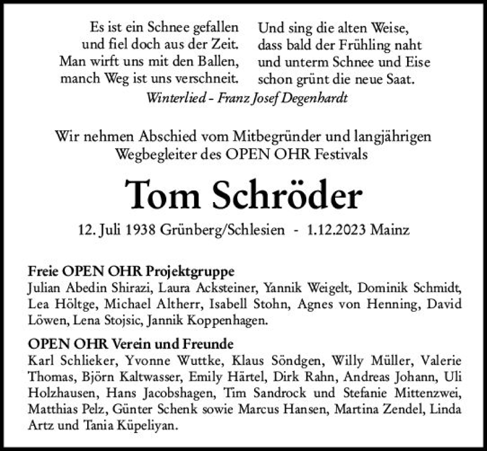  Traueranzeige für Tom Schröder vom 09.12.2023 aus Allgemeine Zeitung Bad Kreuznach