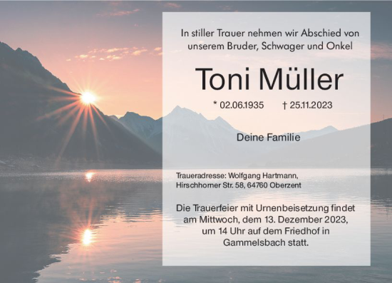 Traueranzeige von Toni Müller von Odenwälder Echo