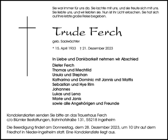 Traueranzeige von Trude Ferch von Allgemeine Zeitung Bingen/Ingelheim