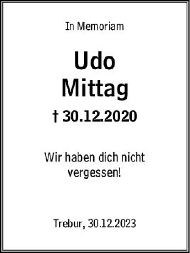  Traueranzeige für Udo Mittag vom 30.12.2023 aus Rüsselsheimer Echo