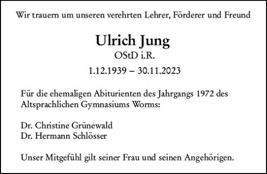 Traueranzeige von Ulrich Jung von Wormser Zeitung