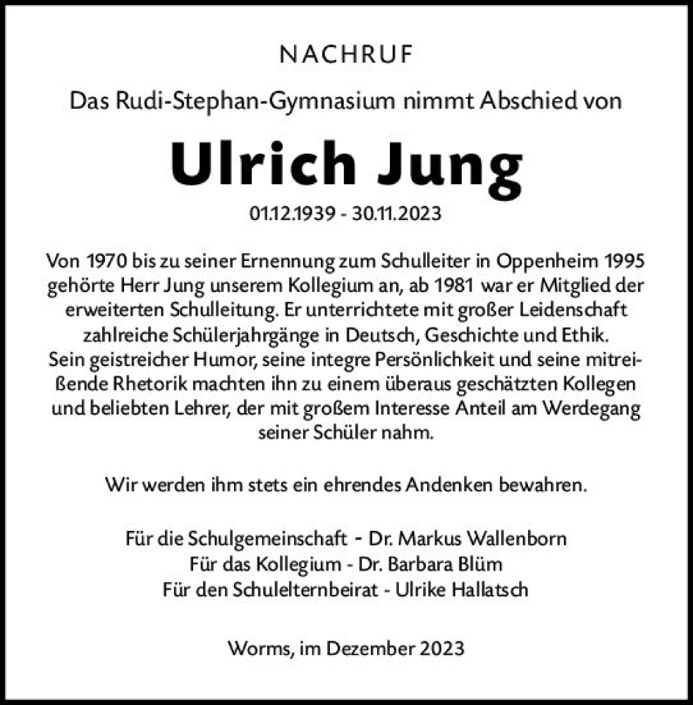  Traueranzeige für Ulrich Jung vom 07.12.2023 aus Wormser Zeitung