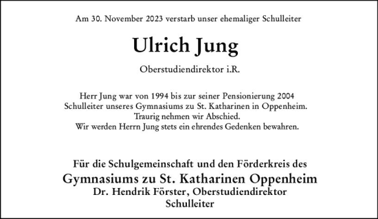 Traueranzeige von Ulrich Jung von Wormser Zeitung