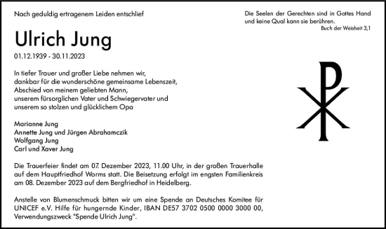 Traueranzeige von Ulrich Jung von Wormser Zeitung