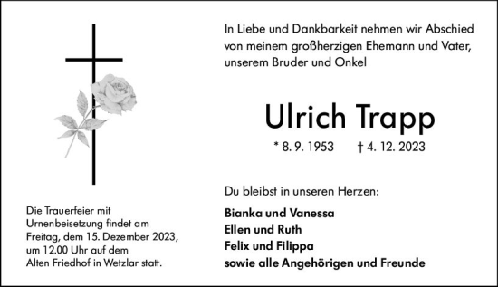 Traueranzeige von Ulrich Trapp von Wetzlarer Neue Zeitung