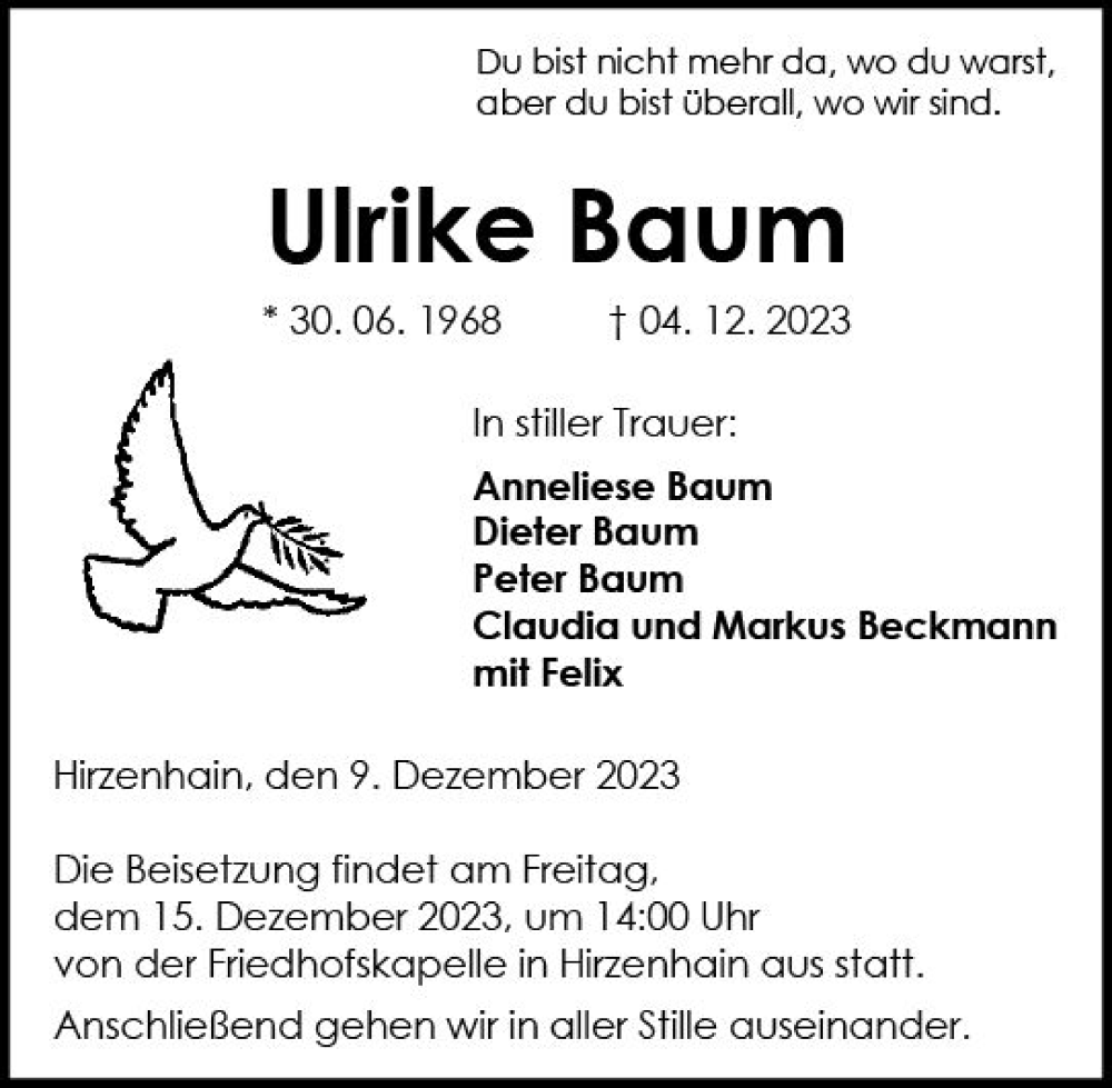  Traueranzeige für Ulrike Baum vom 09.12.2023 aus Dill Block