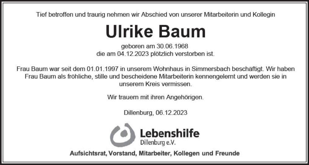  Traueranzeige für Ulrike Baum vom 13.12.2023 aus Dill Block