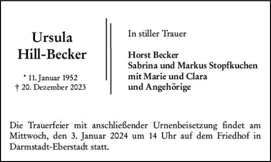 Traueranzeige von Ursula Hill-Becker von Darmstädter Echo