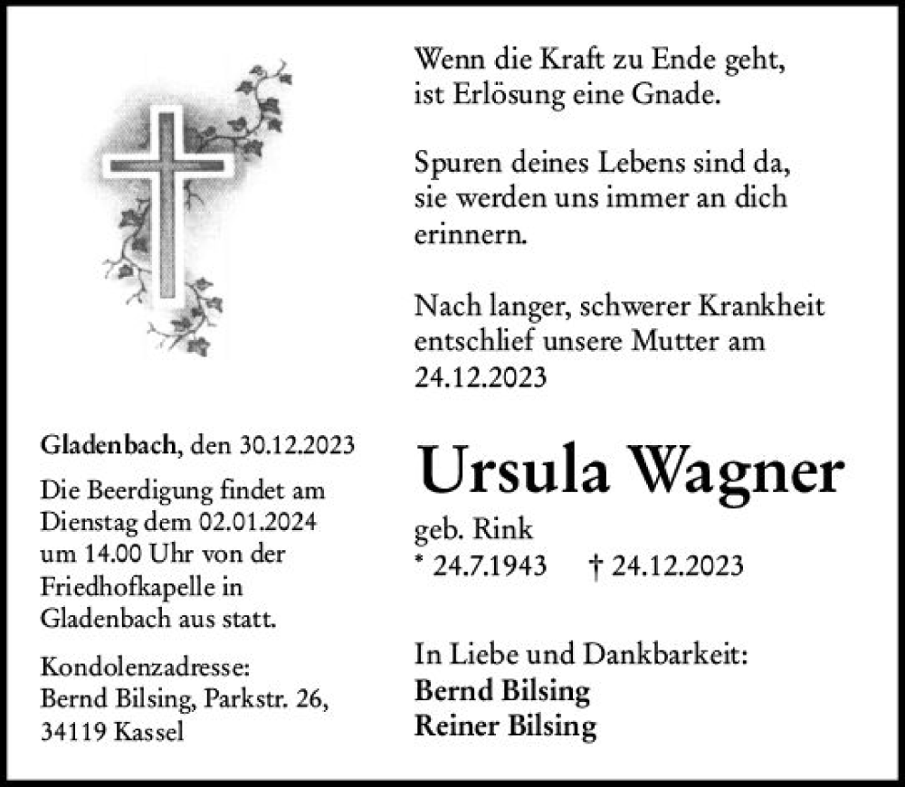  Traueranzeige für Ursula Wagner vom 30.12.2023 aus Hinterländer Anzeiger