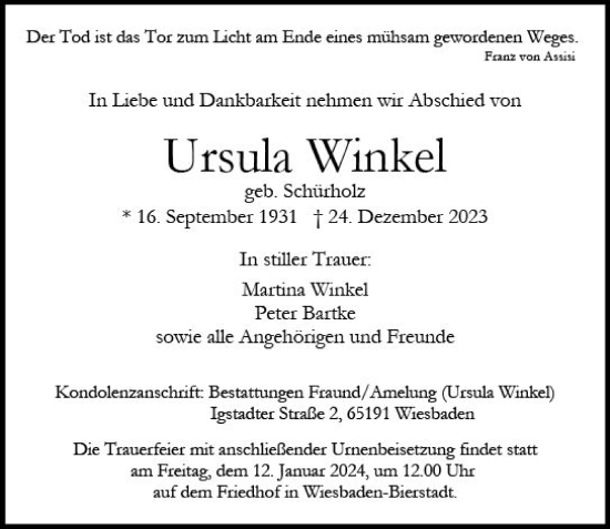 Traueranzeige von Ursula Winkel von Wiesbadener Kurier