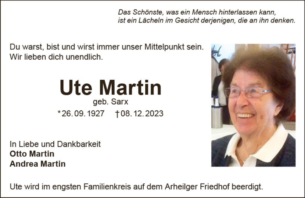  Traueranzeige für Ute Martin vom 16.12.2023 aus Darmstädter Echo