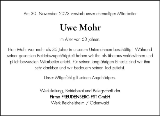 Traueranzeige von Uwe Mohr von Odenwälder Echo