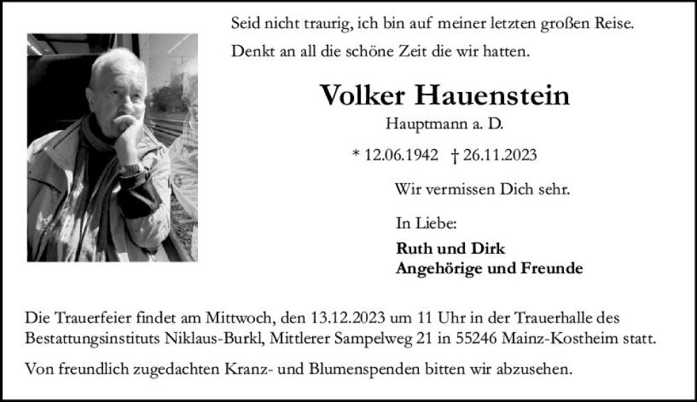  Traueranzeige für Volker Hauenstein vom 09.12.2023 aus Allgemeine Zeitung Mainz
